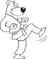 Black and white illustration of a bear in a Karate uniform kicking.