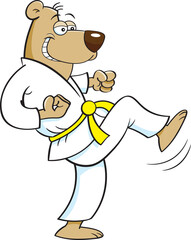 Fototapeta na wymiar Cartoon illustration of a bear in a Karate uniform kicking.