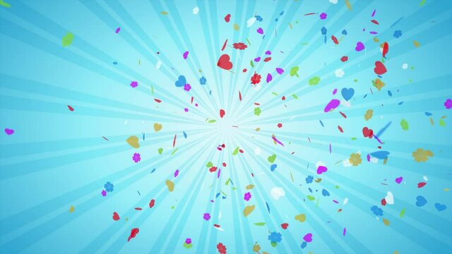 Festive Colorful Natural Explosion And Falling Heart And Flower Confetti On Light Blue Rotating Rays From Bottom Left Center Right Side