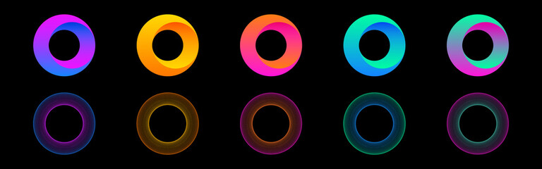 Gradient circles collection. Round 3d shapes. Color futuristic rings set. Bright neon elements. Abstract modern design. Vector illustration