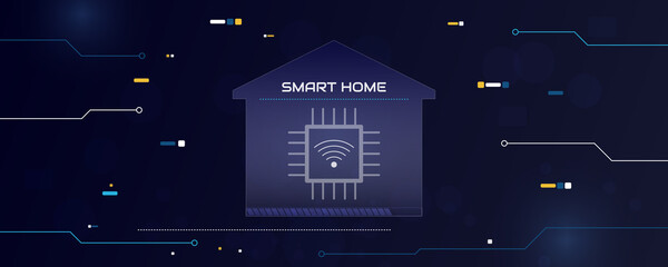Smart home concept, modern technologies, future. Vector illustration of an abstract house stylistically designed in the form of microcircuits, lines. Web banner design template, site decoration.