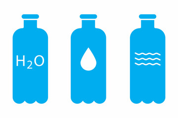 Blue water bottles. Sport illustration. Collection with blue water bottles on white background. Vector illustration. Stock image.