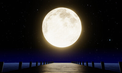 The golden full moon at night was full of stars and a faint mist. A wooden bridge extended into the sea. Fantasy image at night, super moon, sea water wave. 3D Rendering