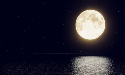 Naklejka na ściany i meble full moon Reflected on the surface of the sea or ocean. The night of the 15th lunar day or the Mid-Autumn Festival The stars fill the sky. super moon golden yellow beautiful nature. 3D rendering
