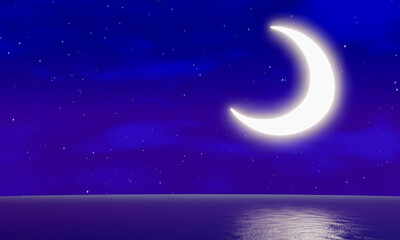 Obraz na płótnie Canvas The crescent moon floats on the sea, the stars fill the sky with a slight cloud cover. The sky has the moon at night Reflected light on the seafloor or ocean. Use for Background or Wallpaper. 3D Rend