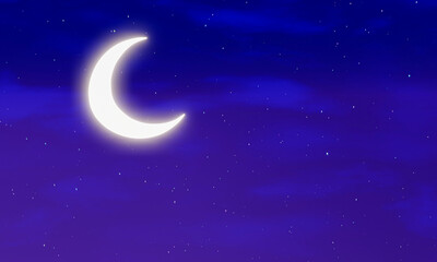 Naklejka na ściany i meble crescent moon The sky is bright pink and blue. The starry sky is covered with little clouds. The sky has the moon at night. Use for Background or Wallpaper. 3D Rendering.