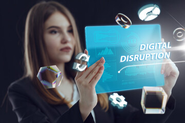 Business, Technology, Internet and network concept. Young businessman working on a virtual screen of the future and sees the inscription: Digital disruption