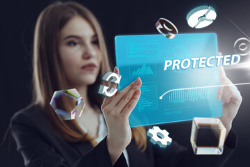 Business, Technology, Internet and network concept. Young businessman working on a virtual screen of the future and sees the inscription: Protected