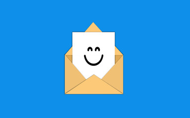 Happy  mail or letter concept idea. cheerful emoticon on white blank inside brown envelope mail. Gifts, happiness and Greetings card 