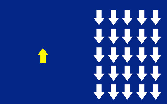 Group Of  Identical Arrows Going Down With One Unique Arrow Going Up. Choose Your Own Path And Be Different Concept. Yellow Arrow Taking Different Direction. Royal Blue Background 