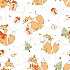 Seamless pattern with winter foxes. New Years animal in a Santa hat with a Christmas tree and gifts on a white background with a net. Vector illustration for design, decor, textile and wallpaper