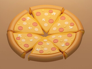Cheese pizza cut in equal pieces on background. Flat lay of four cheese pizza 3d rendering