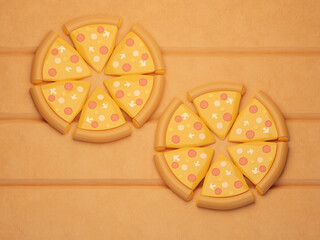 Cheese pizza cut in equal pieces on background. Flat lay of four cheese pizza 3d rendering