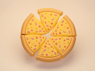 Cheese pizza cut in equal pieces on background. Flat lay of four cheese pizza 3d rendering