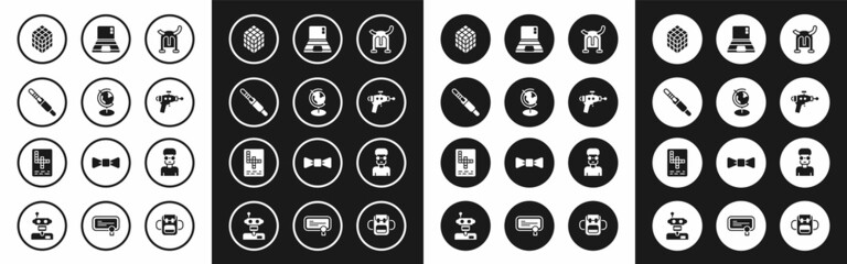 Set Viking in horned helmet, Earth globe, Audio jack, Rubik cube, Ray gun, Laptop, Nerd geek and Crossword icon. Vector