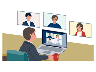 テレワークで3人の相手とウェブミーティングをする男性のベクターイラスト