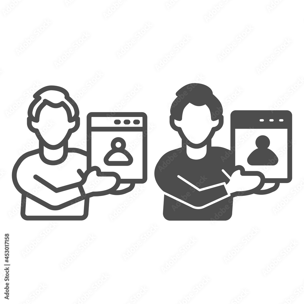 Poster man web designer with presentation of site project line and solid icon, ui concept, developer vector
