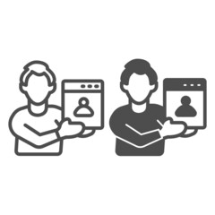 Man web designer with presentation of site project line and solid icon, ui concept, developer vector sign on white background, outline style icon for mobile concept and web design. Vector graphics.