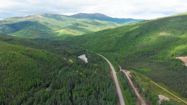 4K Drone Video (dolly shot) of Mountains along Chena Hot Springs Road near Entrance of Resort outside Fairbanks, Alaska in Summer