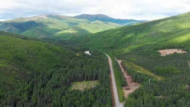 4K Drone Video of Chena Hot Springs Road at Entrance of Convention Center and Resort near Fairbanks, Alaska in Summer