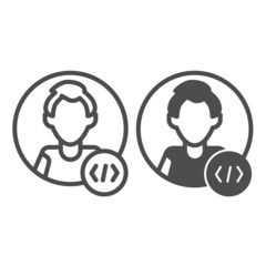 Guy coder with a code tag, avatar of programmer, developer line and solid icon, ui concept, man vector sign on white background, outline style icon for mobile concept and web design. Vector graphics.