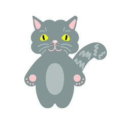 Hand drawn vector gray cat illustration. Perfect for T-shirt, textile and prints. 
