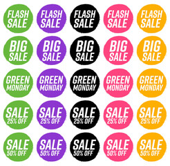 Set Sale banners design template, discount tags, grunge brush, vector illustration