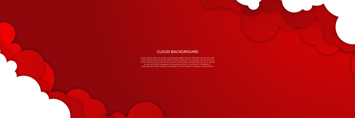 Red and white cloudy paper cut art, vector illustration. Volumetric cloudscape horizontal banner background. Banner with 3d clouds on red sky 