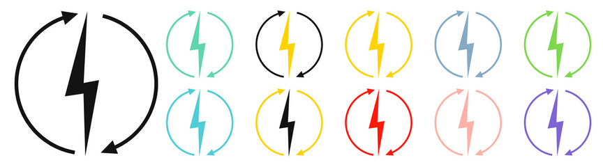 Renewable energy icons, graphic design template, lightning bolt. Set alternative power signs, vector illustration