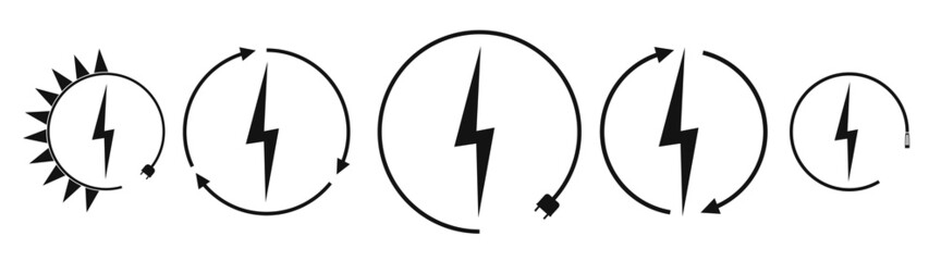 Electric car charging and renewable energy icons, graphic design template, lightning bolt, vector illustration