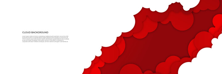 Red and white abstract cloud banner background in paper cut style