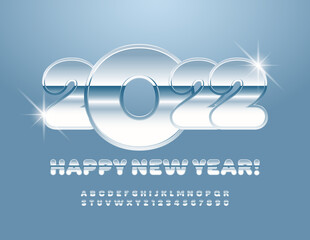 Vector chic Greeting Card Happy New Year 2022! Reflective Silver Font. Metallic shiny Alphabet Letters and Numbers set