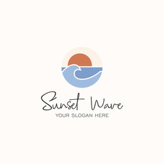 Minimalist sunset logo with wave vector template