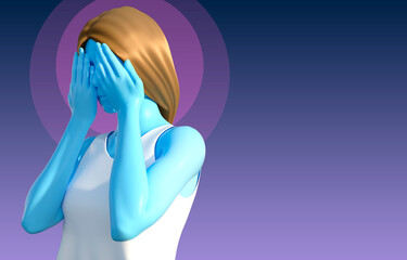 3d render illustration of female blue colored model depicting head ache, sadness, depression or mental health problems.