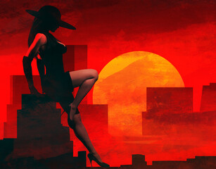 3d render noir illustration of lady in black dress and hat sitting on red and black styled cityscape and skyscrapers backdrop.