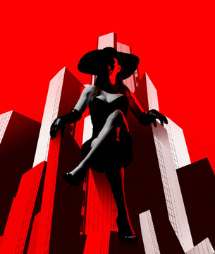 3d render noir illustration of sexy noir styled lady in black dress and hat sitting on red and black city buildings.