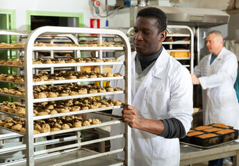 Experienced African American baker carrying formed products from raw dough on tray rack trolley in small bakery
