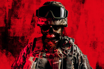 Illustration of undead zombie soldier face in uniform and armored clothing standing on red grungy background.