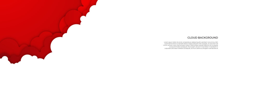 Red and white abstract cloud banner background in paper cut style