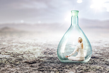 Business woman doing yoga in lotus pose inside glass bottle
