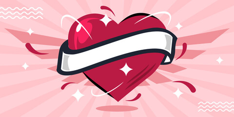 Red heart with ribbon and wings background