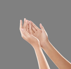 Two open empty hands inside on isolated white background. Hands concept of receive something.