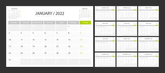 Calendar 2022 week start Monday corporate design planner template. - obrazy, fototapety, plakaty