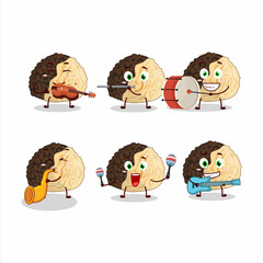 Cartoon character of truffle playing some musical instruments
