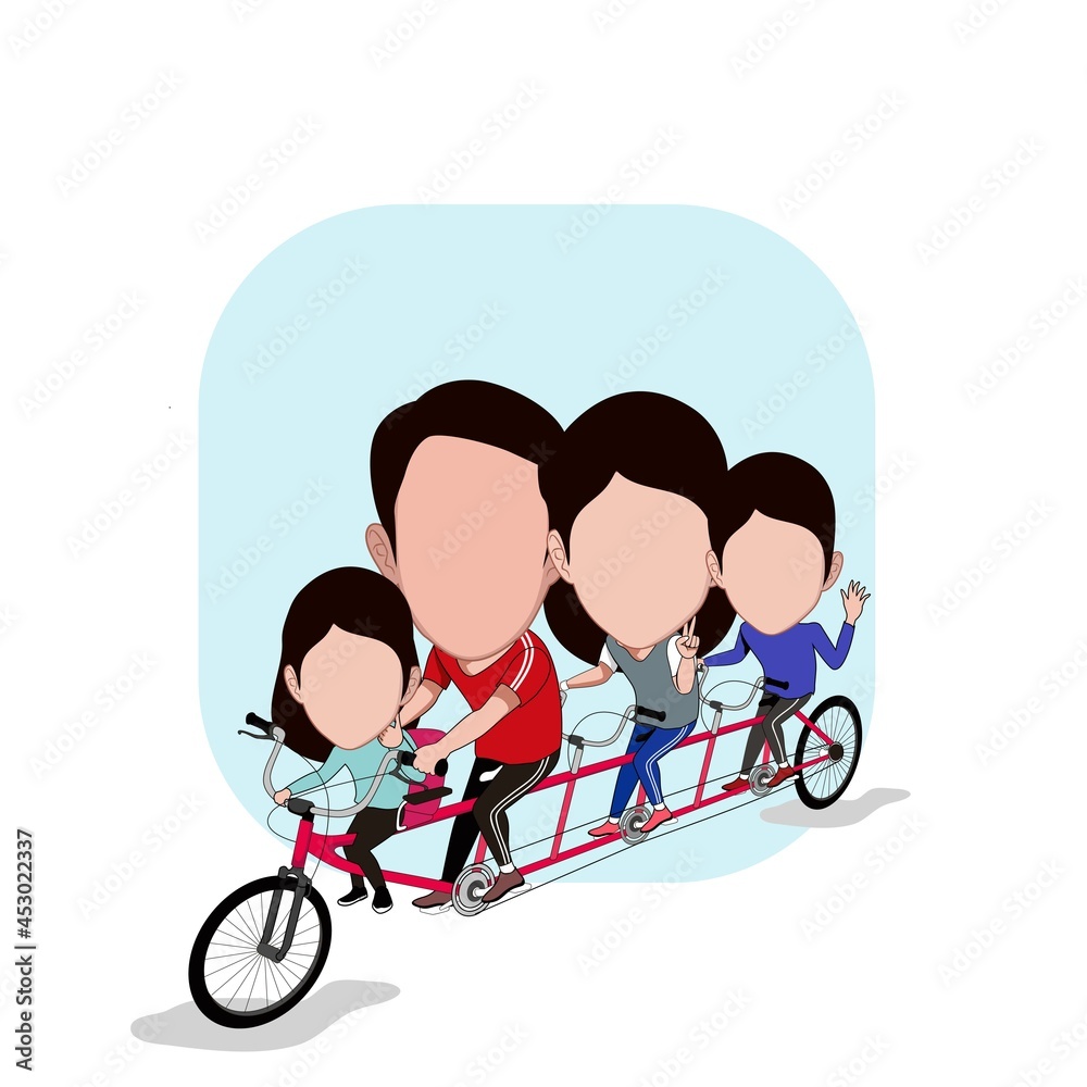 Wall mural Cartoon carricature of a family is riding a long bicycle - Wall murals