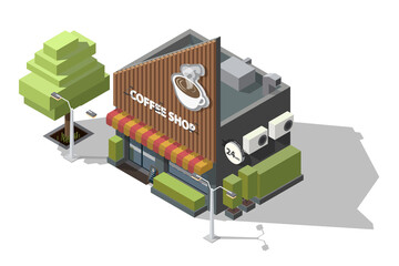 Isometric coffee shop with a sign or logo on top in the shape of a large coffee cup 3D model of a coffee shop and tree with street lamps vector illustration isolated on white backgrounds