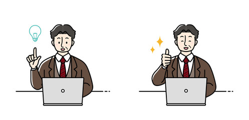 パソコン作業中に何かひらめき、成功するビジネスマン
