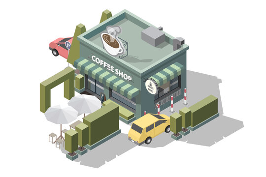Isometric coffee shop with a sign or logo on top in the shape of a large coffee cup 3D model of a coffee shop and Drive Thru take away pick up point with cars vector illustration