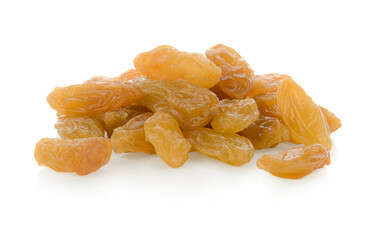 Raisins on white background, Isolated Raisin, Heap of yellow Raisins, Indian Kishmish.