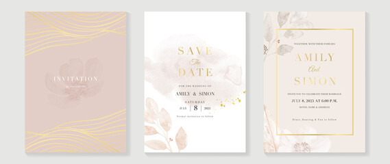 Fototapeta na wymiar Luxury wedding invitation card background with golden line art flower and botanical leaves, Organic shapes, Watercolor. Abstract art background vector design for wedding and vip cover template. 